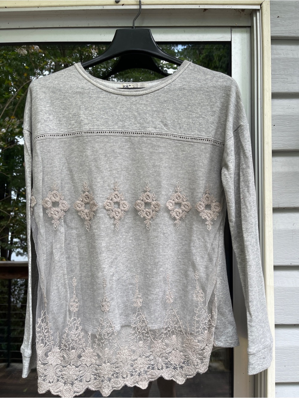 Jolt Gray Long-Sleeve Top with Cream lace overlay